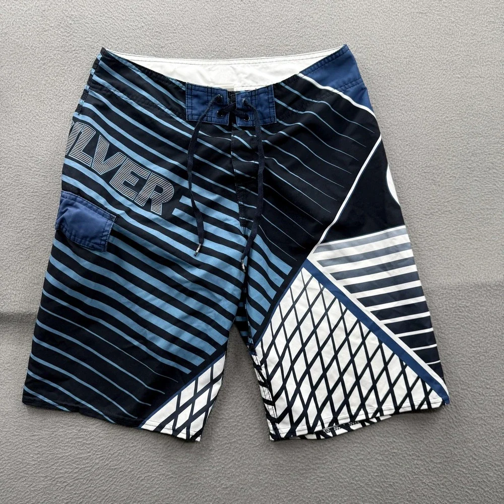 Quiksilver Board Shorts Mens 32 Blue Stripe Swim Trunks UnLined Quick Dry Surf